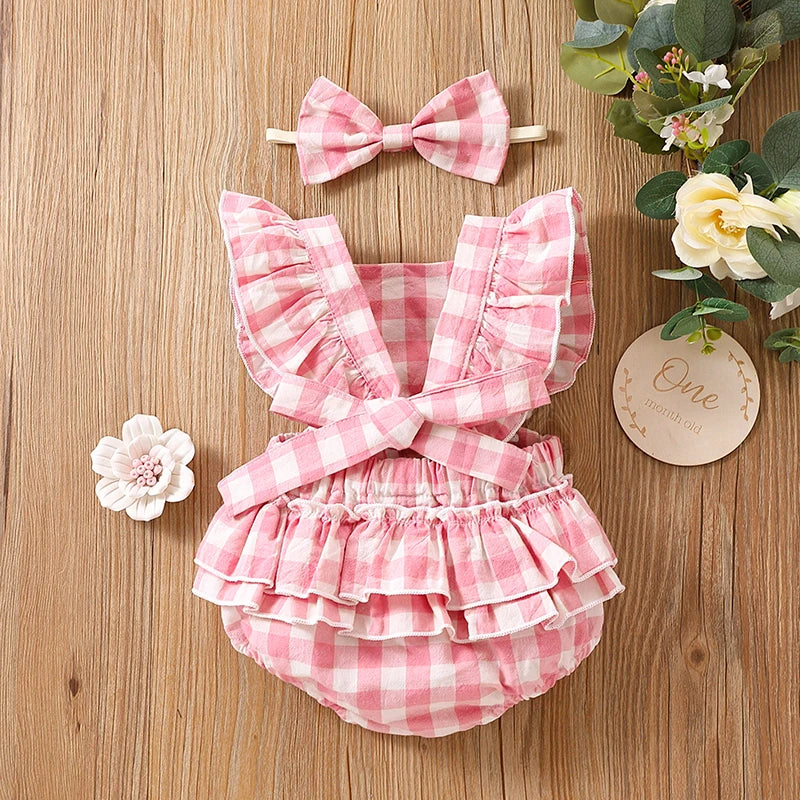 Bambino's Checkered Romper And Bow Set