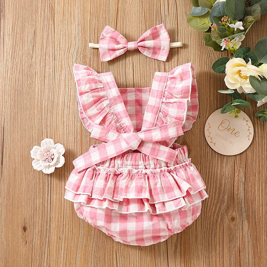 Bambino's Checkered Romper And Bow Set