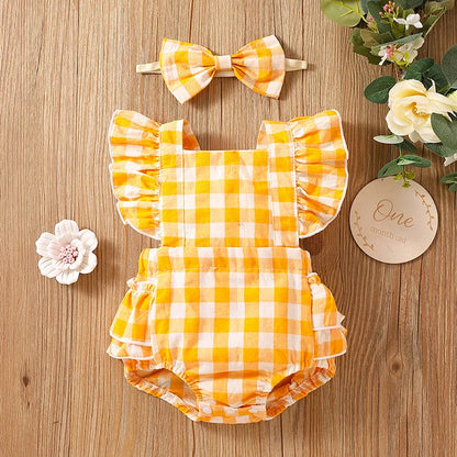 Bambino's Checkered Romper And Bow Set